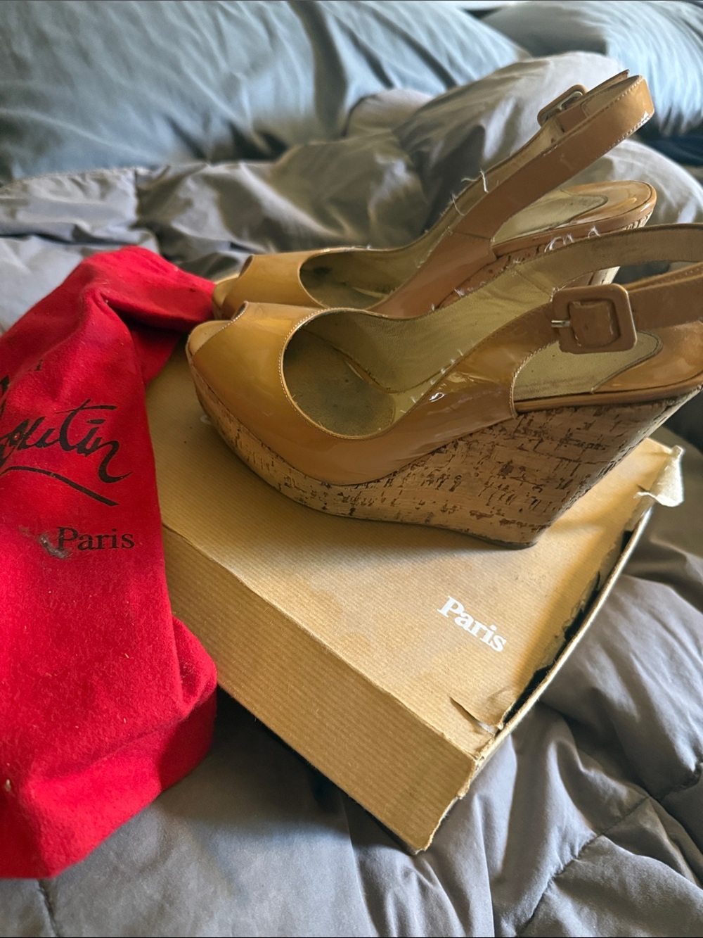 Christian Louboutin Tan Patent Cork Wedge Slingbacks